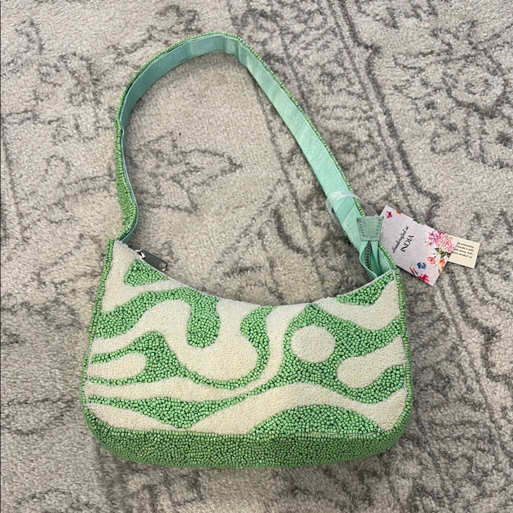 NWT Viral Green and Cream Shoulder Bag with Intricate Beaded Pattern